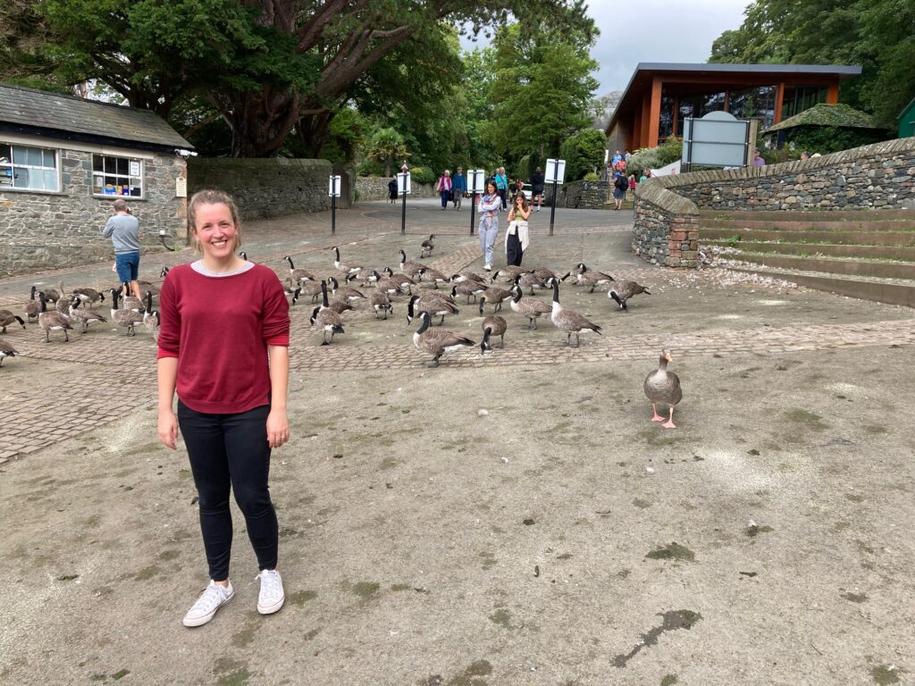 Liz with the Theatre by the Lake geese!